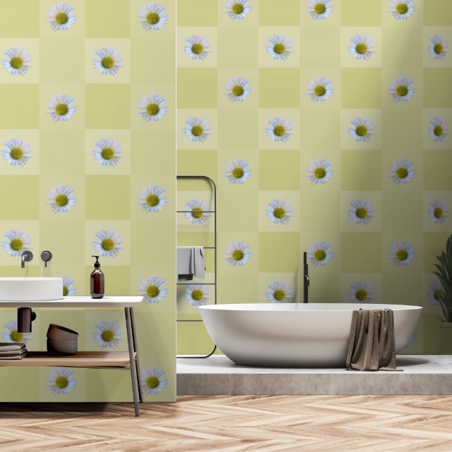 Elegant Yellow Green Mist Daisy Flower Squares Wallpaper (Bathroom)