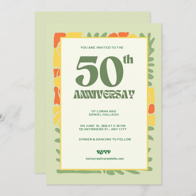 Elegant Yellow & Green Modern 50th Anniversary  Invitation (Front/Back)
