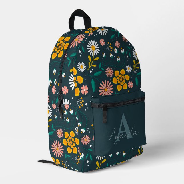 Elegant Yellow Green Pretty Floral With Name Printed Backpack (Back Corner Left)