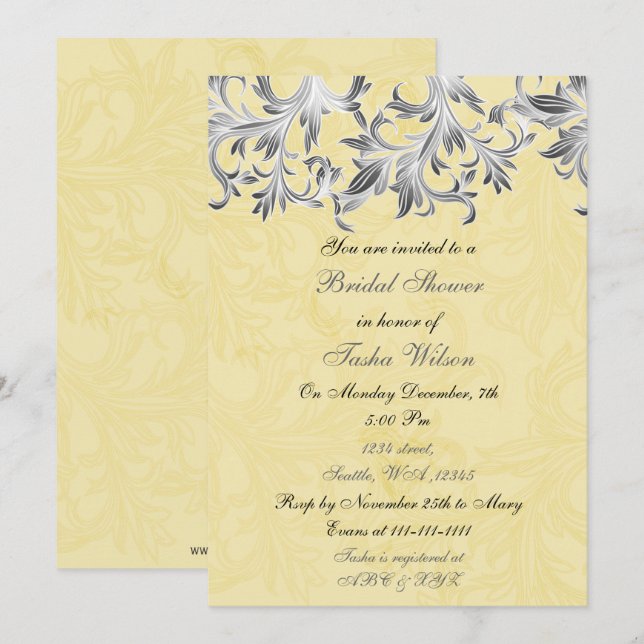 Elegant yellow grey Bridal Shower Invitation (Front/Back)