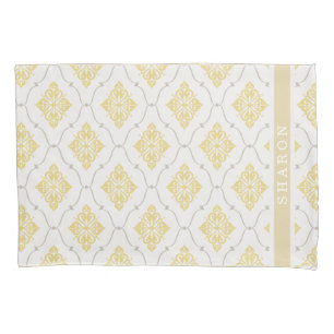 elegant yellow grey damask pattern monogram pillowcase