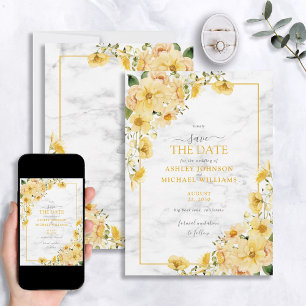Elegant Yellow & Grey Floral Marble Save the Date