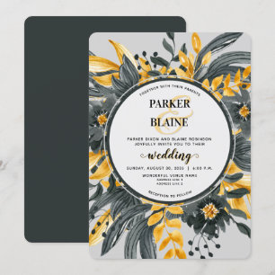 Elegant Yellow & Grey Floral Modern Script Wedding Invitation