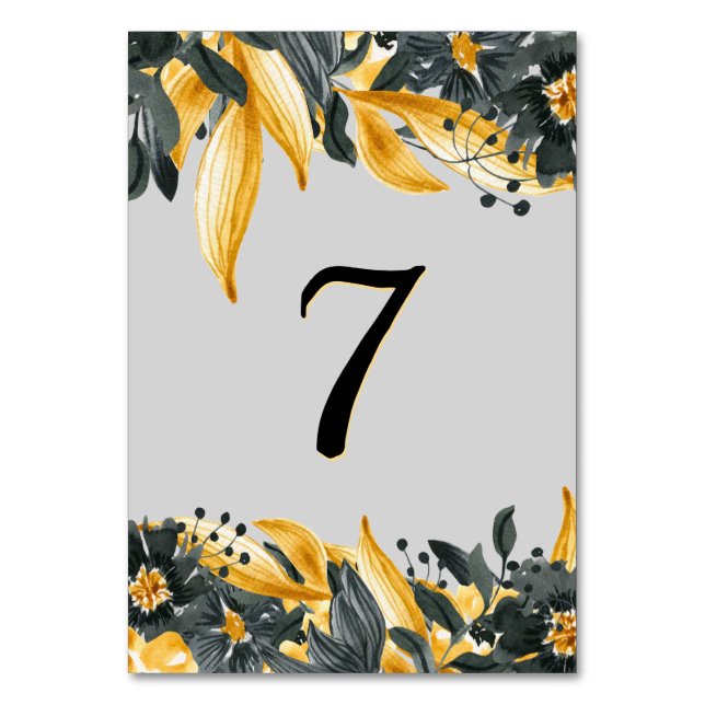 Elegant Yellow + Grey Floral Watercolor Wedding Table Number (Front)