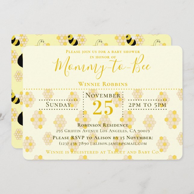 Elegant Yellow Honeycomb Mummy to Bee Baby Shower Invitation (Front/Back)