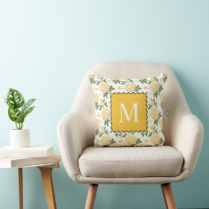 Elegant Yellow Hydragea Floral Monogram Cushion
