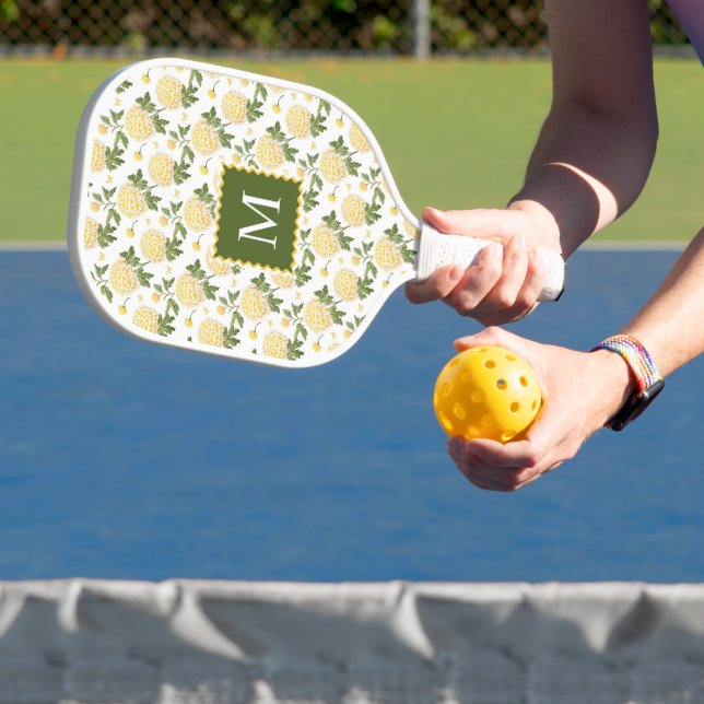 Elegant Yellow Hydragea Floral Monogram Pickleball Paddle (Insitu)