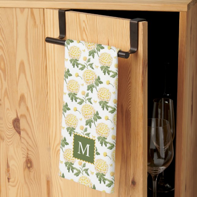 Elegant Yellow Hydragea Floral Monogram Tea Towel (Thirds Fold)