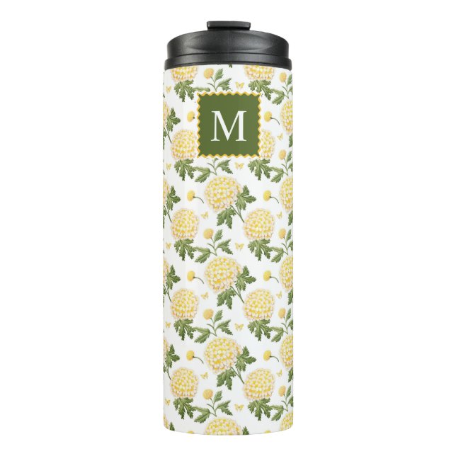 Elegant Yellow Hydragea Floral Monogram Thermal Tumbler (Front)