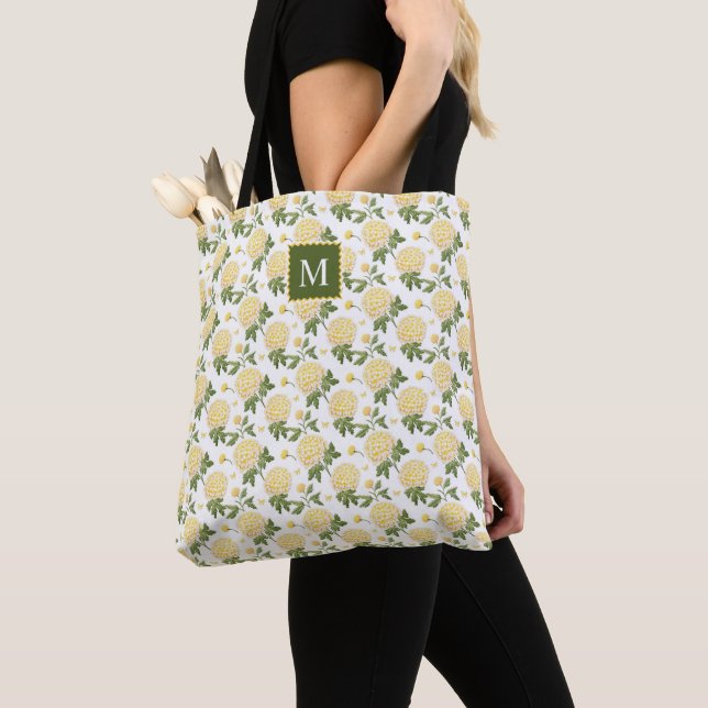 Elegant Yellow Hydragea Floral Monogram Tote Bag (Close Up)