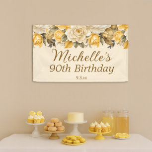 Elegant Yellow Ivory Cream Floral 90th Birthday Banner