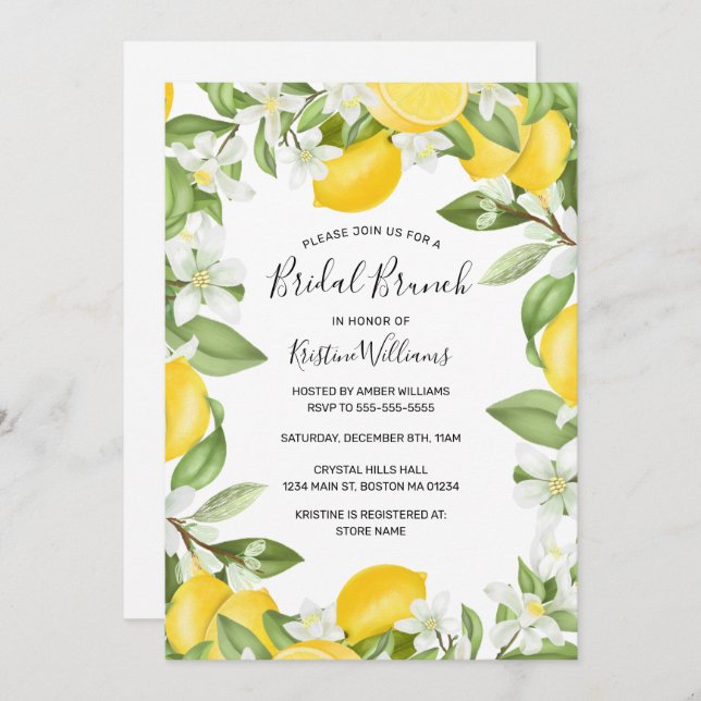 Elegant Yellow Lemons Watercolor Bridal Brunch Invitation (Front/Back)