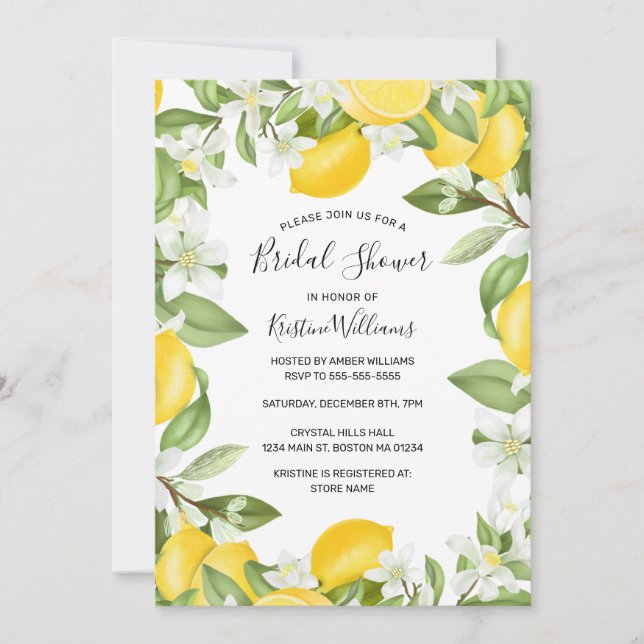 Elegant Yellow Lemons Watercolor Bridal Shower Invitation (Front)