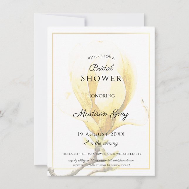 Elegant Yellow Magnolia Bridal Shower Invitation (Front)