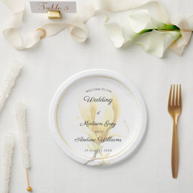 Elegant Yellow Magnolia Wedding Paper Plate (Wedding)