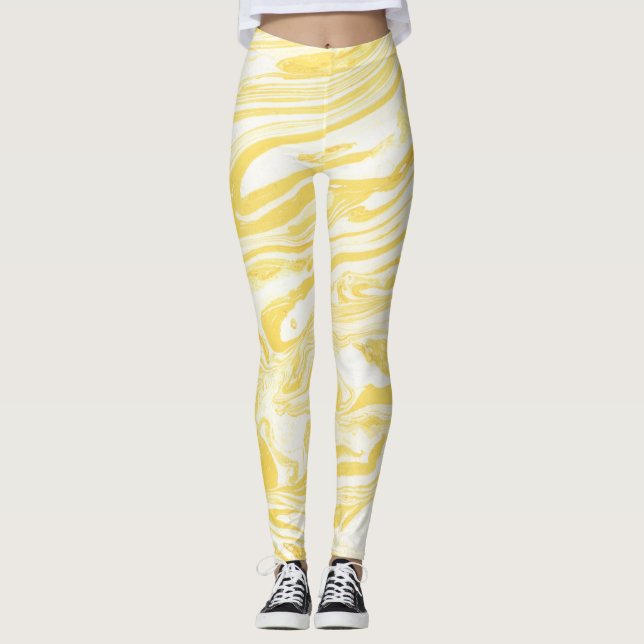 Elegant Yellow Marble: Hand-Drawn Texture Leggings (Front)