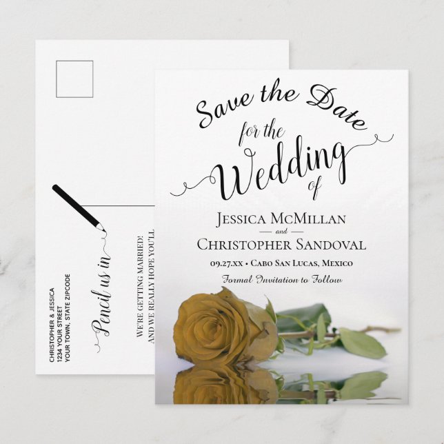 Elegant Yellow or Gold Rose Wedding Save the Date Announcement Postcard (Front/Back)