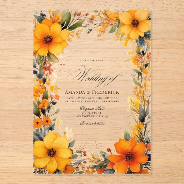Elegant Yellow & Orange Floral Transparent Wedding Acrylic Invitations (Front)