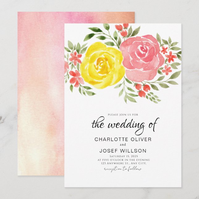 Elegant Yellow Orange Pink floral bouquet Summer Invitation (Front/Back)