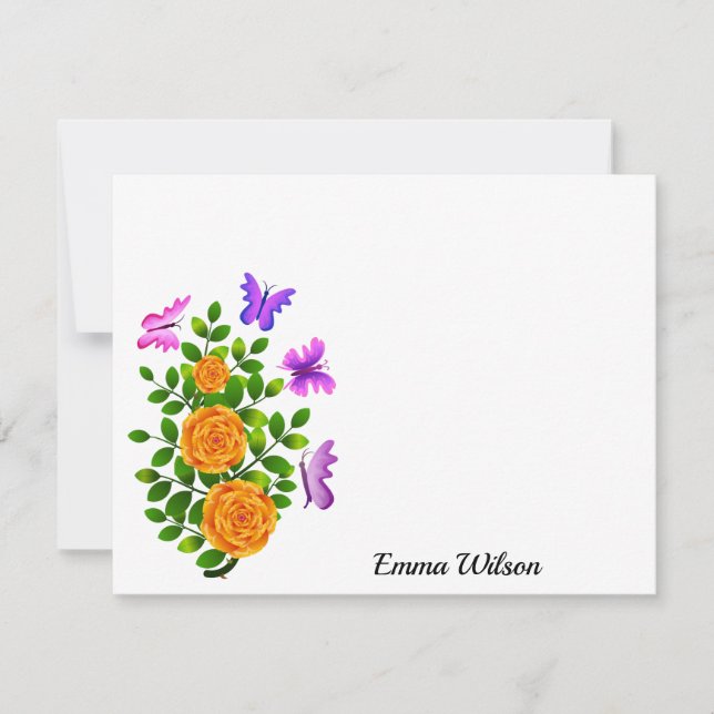Elegant Yellow Orange Rose Flower With Butterfly Card (Front)