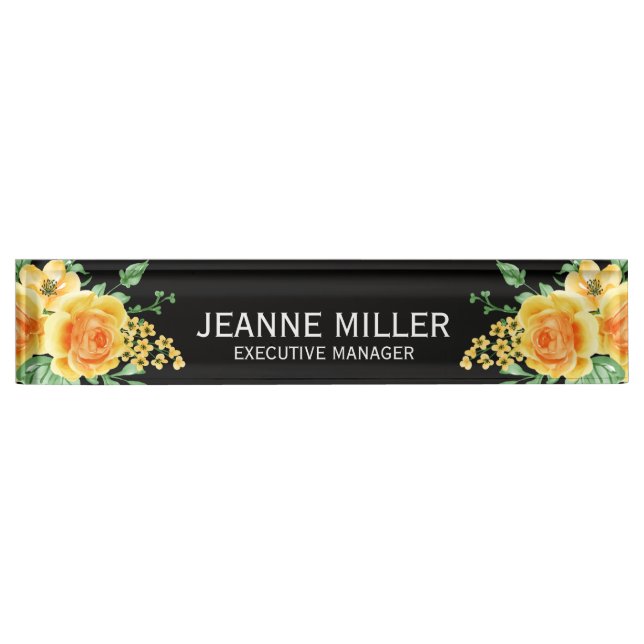 Elegant Yellow Orange Rose Flowers Manager Black Nameplate (Front)