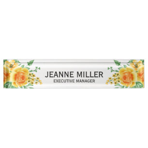 Elegant Yellow Orange Rose Flowers Manager White Nameplate