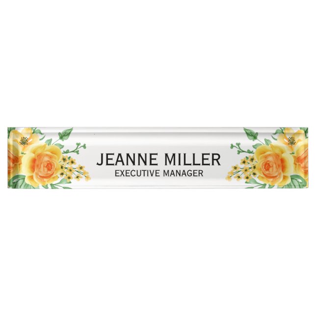 Elegant Yellow Orange Rose Flowers Manager White Nameplate (Front)