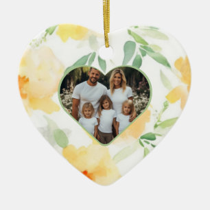 Elegant yellow orange watercolor family photo ceramic tree decoration