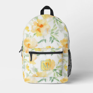 Elegant yellow orange watercolor floral monogram printed backpack