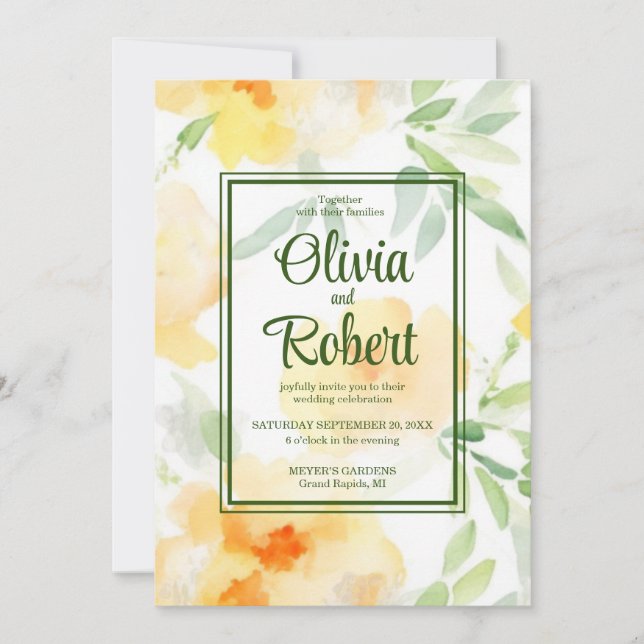 Elegant yellow orange watercolor floral Wedding Invitation (Front)