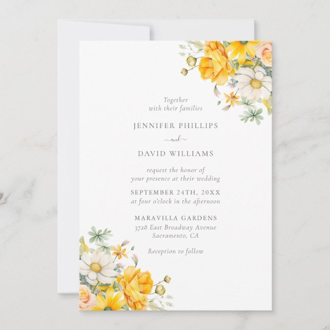 Elegant Yellow Peach Floral Wedding Invitation (Front)