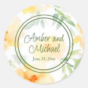 Elegant yellow peach orange watercolor floral classic round sticker