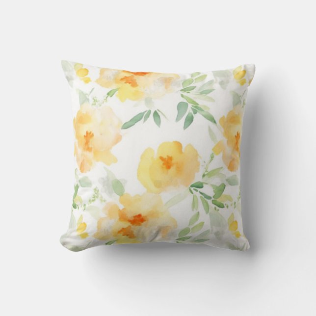 Elegant yellow peach orange watercolor floral  cushion (Front)