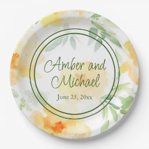 Elegant yellow peach orange watercolor floral paper plate