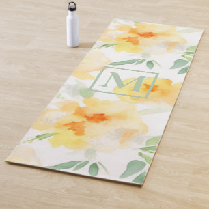 Elegant yellow peach orange watercolor floral  yoga mat