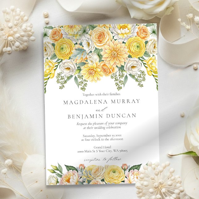 Elegant Yellow Peach & Sage Green Floral Wedding Invitation (Creator Uploaded)