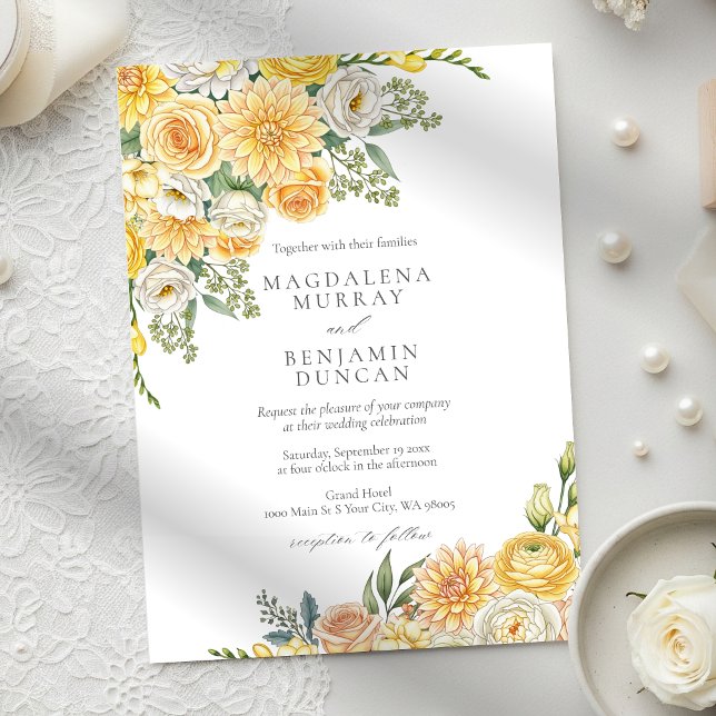 Elegant Yellow Peach & Sage Green Floral Wedding Invitation (Creator Uploaded)