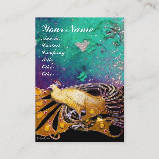 ELEGANT YELLOW PEACOCK AND GREEN FLORAL LEAVES BUSINESS CARD (Front)