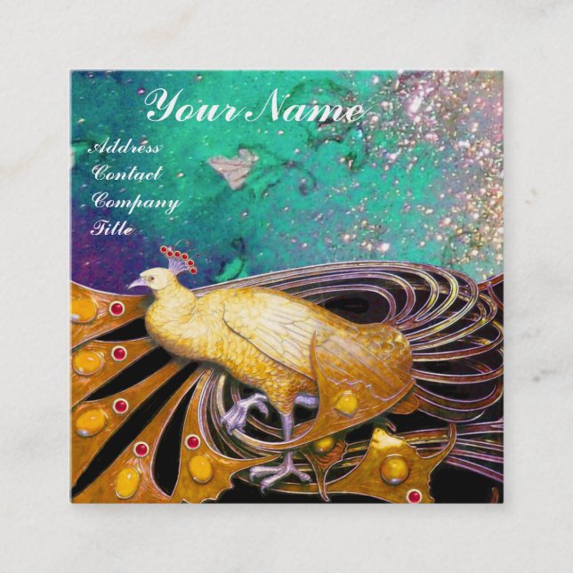 ELEGANT YELLOW PEACOCK AND GREEN FLORAL LEAVES SQUARE BUSINESS CARD (Front)
