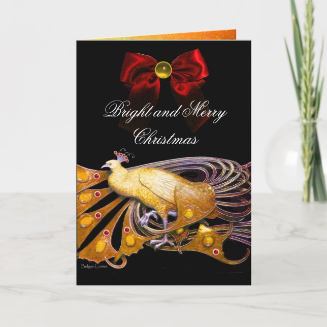 ELEGANT YELLOW PEACOCK,GEM STONE,RED CHRISTMAS BOW HOLIDAY CARD (Front)
