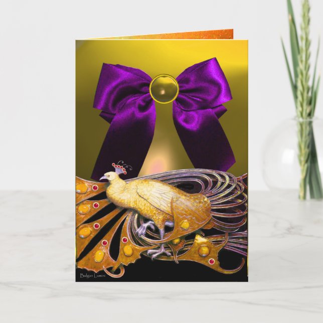 ELEGANT YELLOW PEACOCK,GEMSTONE PURPLE BOW Easter Holiday Card (Front)
