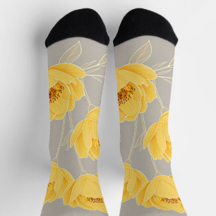 Elegant Yellow Peony Taupe Grey Modern Chic Socks