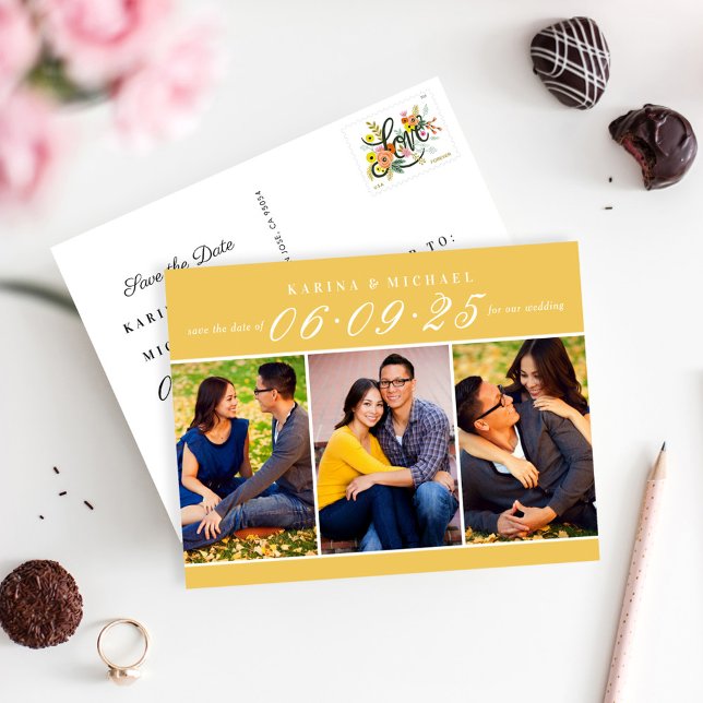 Elegant Yellow Photo Collage Wedding Save the Date Announcement Postcard (Creator Uploaded)