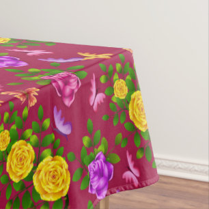 Elegant Yellow, Pink And Purple Rose Flower Tablecloth