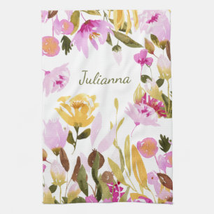 Elegant Yellow Pink Watercolor Floral Personalised Tea Towel