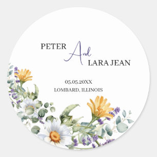 Elegant Yellow Purple Wildflower Wedding Classic Round Sticker