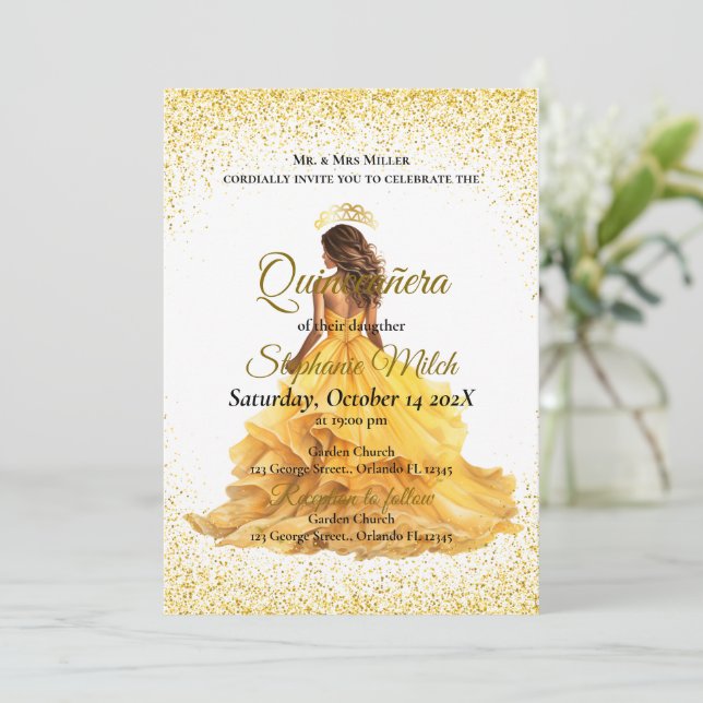 Elegant yellow quinceanera  invitation (Standing Front)