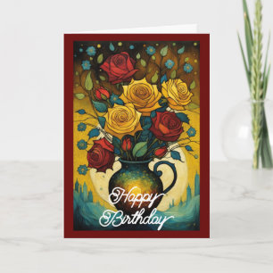 Elegant Yellow Red Roses Flower In Vase Birthday Card