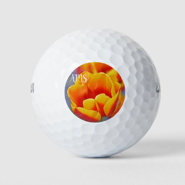 Elegant Yellow Red Tulip Initials Quote on Back Golf Balls (Front)