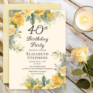 Elegant Yellow Rose 40th Birthday Party Invitation